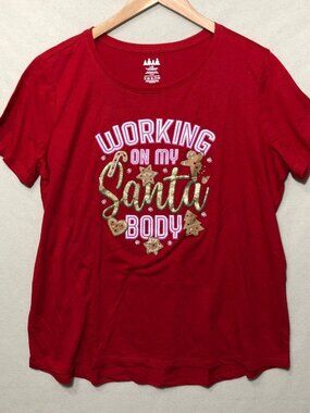 Womens L Christmas Santa Body T-Shirt Red Short Sleeve Graphic Holiday Tee